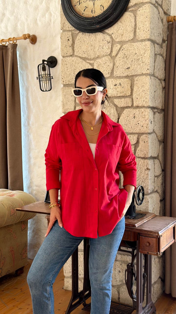 Piya Kırmızı Çift Cep Oversize Gömlek
