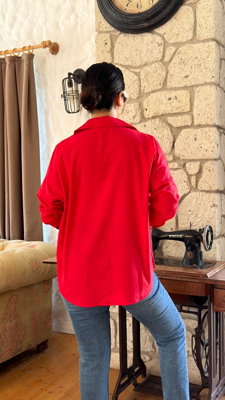 Piya Kırmızı Çift Cep Oversize Gömlek