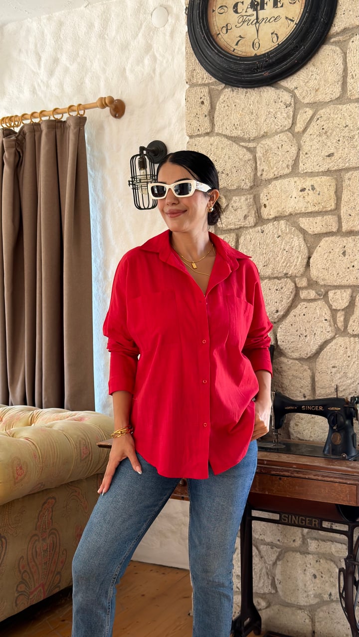 Piya Kırmızı Çift Cep Oversize Gömlek