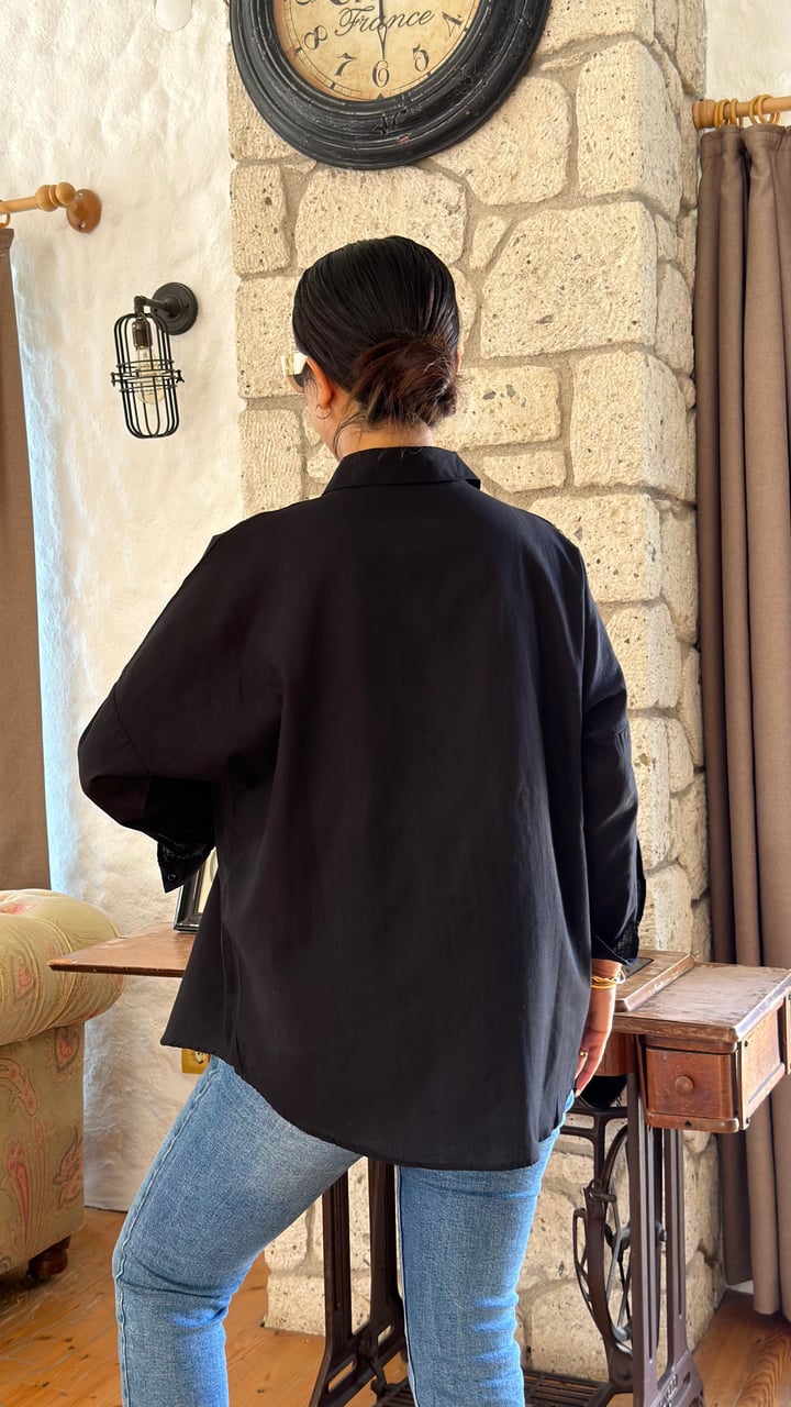 Piya Siyah Çift Cep Oversize Gömlek