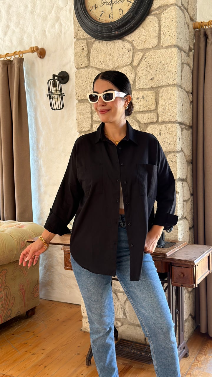 Piya Siyah Çift Cep Oversize Gömlek