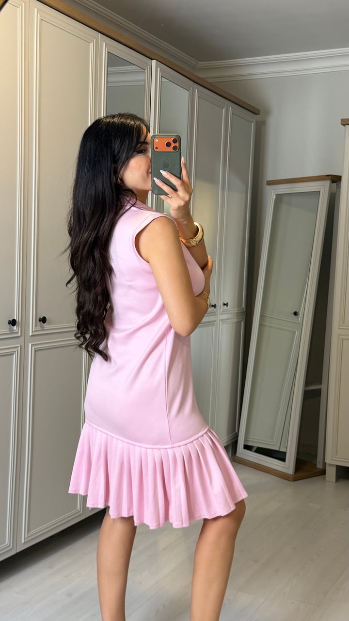 Polle Pembe Pliseli Polo Yaka  Elbise