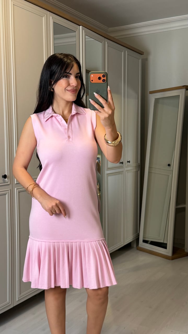 Polle Pembe Pliseli Polo Yaka  Elbise