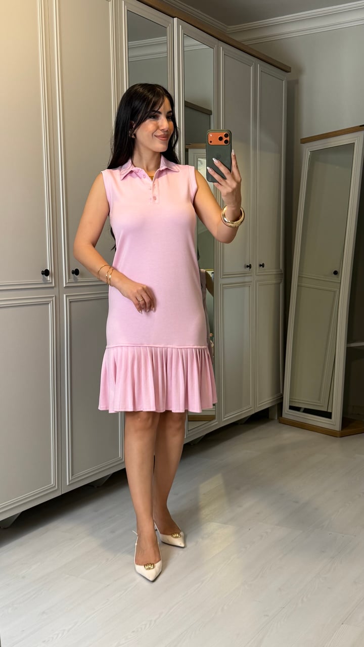 Polle Pembe Pliseli Polo Yaka  Elbise