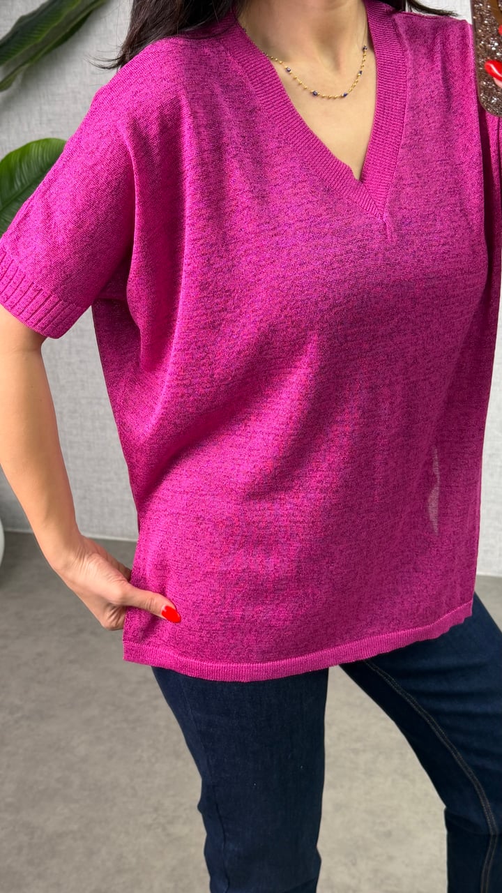 Poly Pembe Simli V Yaka Bluz