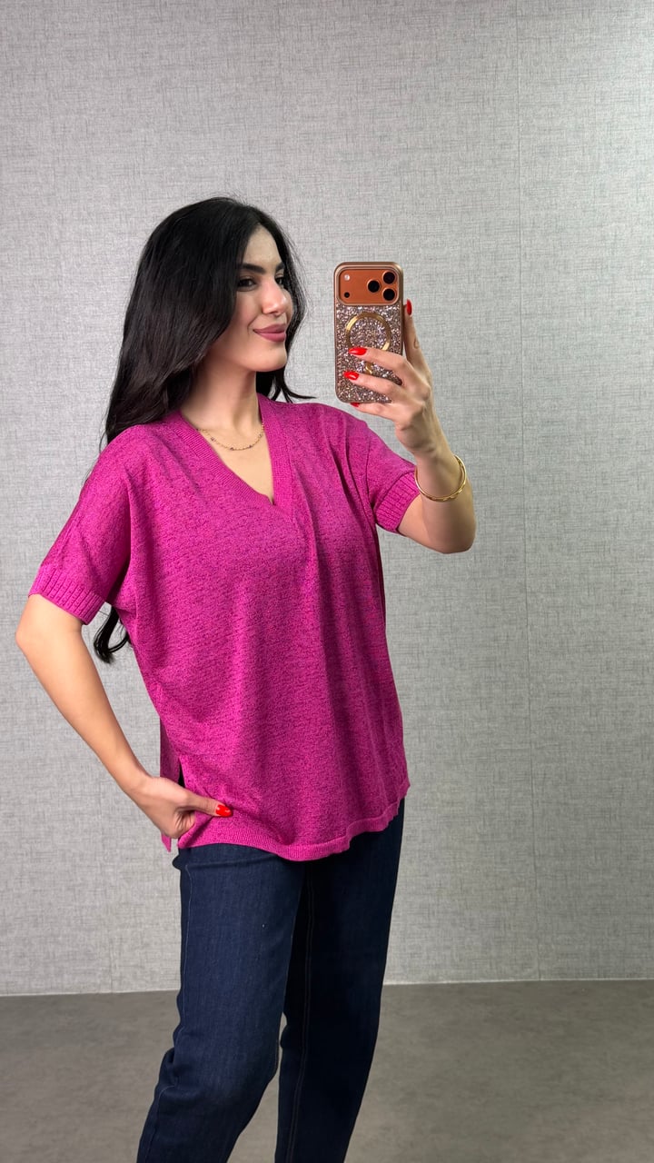 Poly Pembe Simli V Yaka Bluz