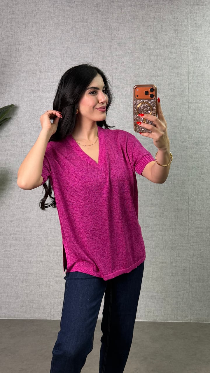 Poly Pembe Simli V Yaka Bluz