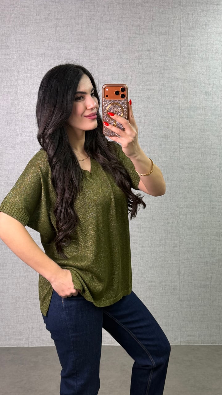 Poly Yeşil Simli V Yaka Bluz