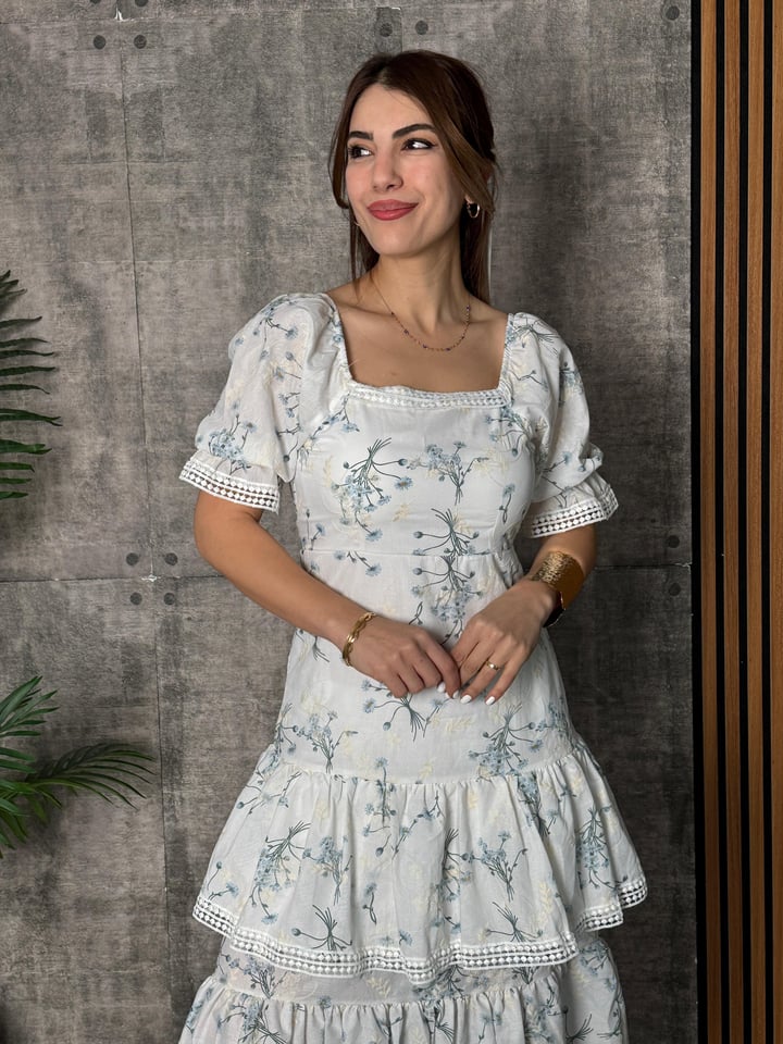 PrincessTasarım Nakışlı Mavi Midiboy Elbise