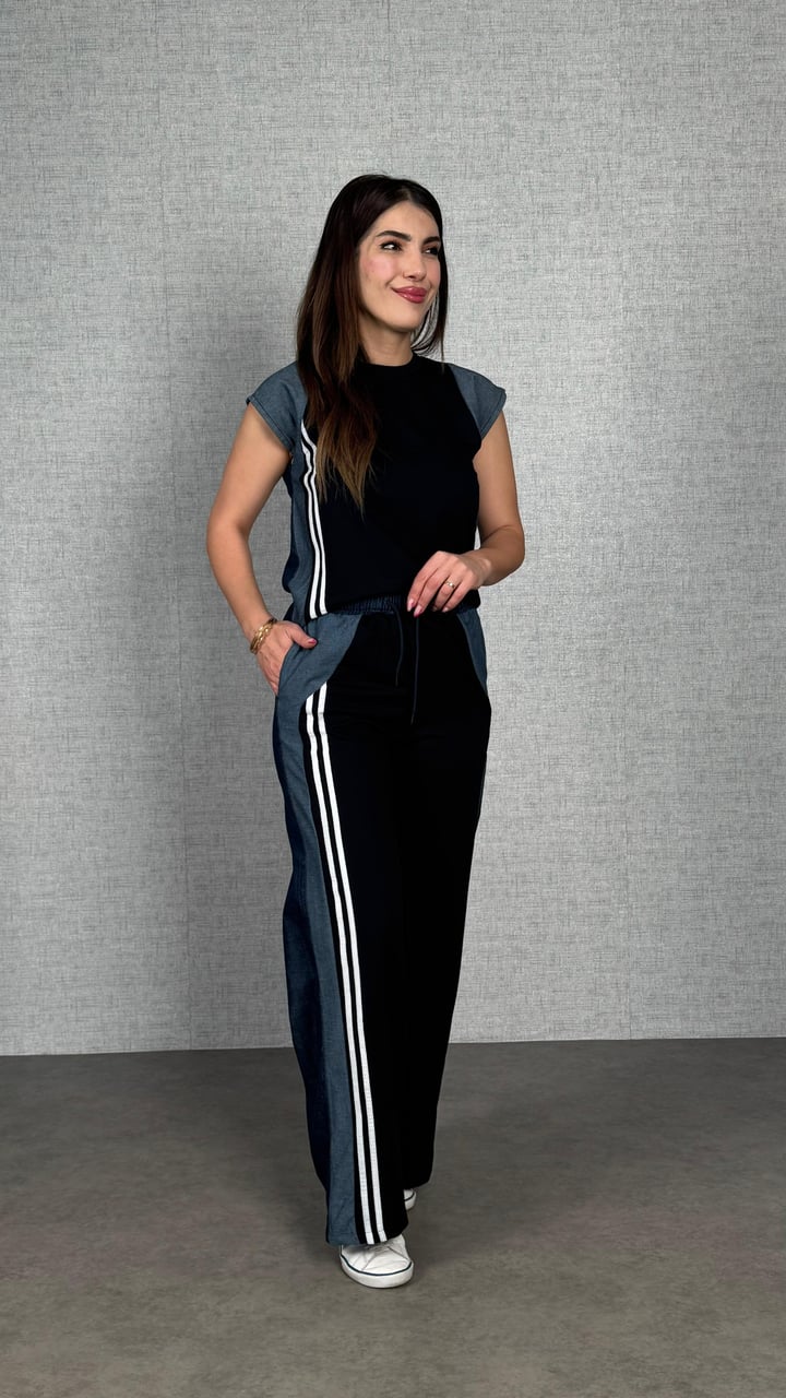 Rachel Siyah Jean Detaylı Şeritli İkili Takım