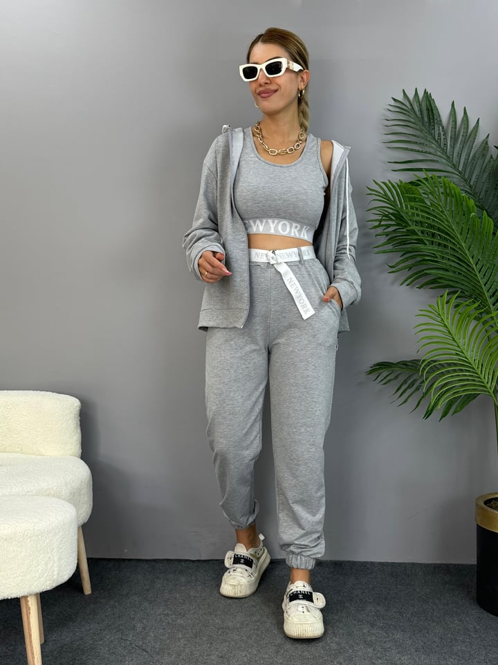 Rania Gri 3lü Crop Takım 