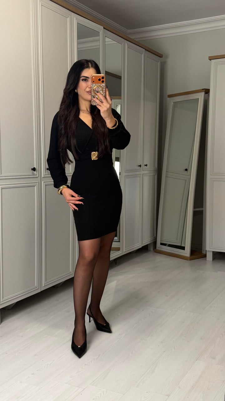 Ranne Siyah Kruvaze Gold Kemerli Triko Elbise
