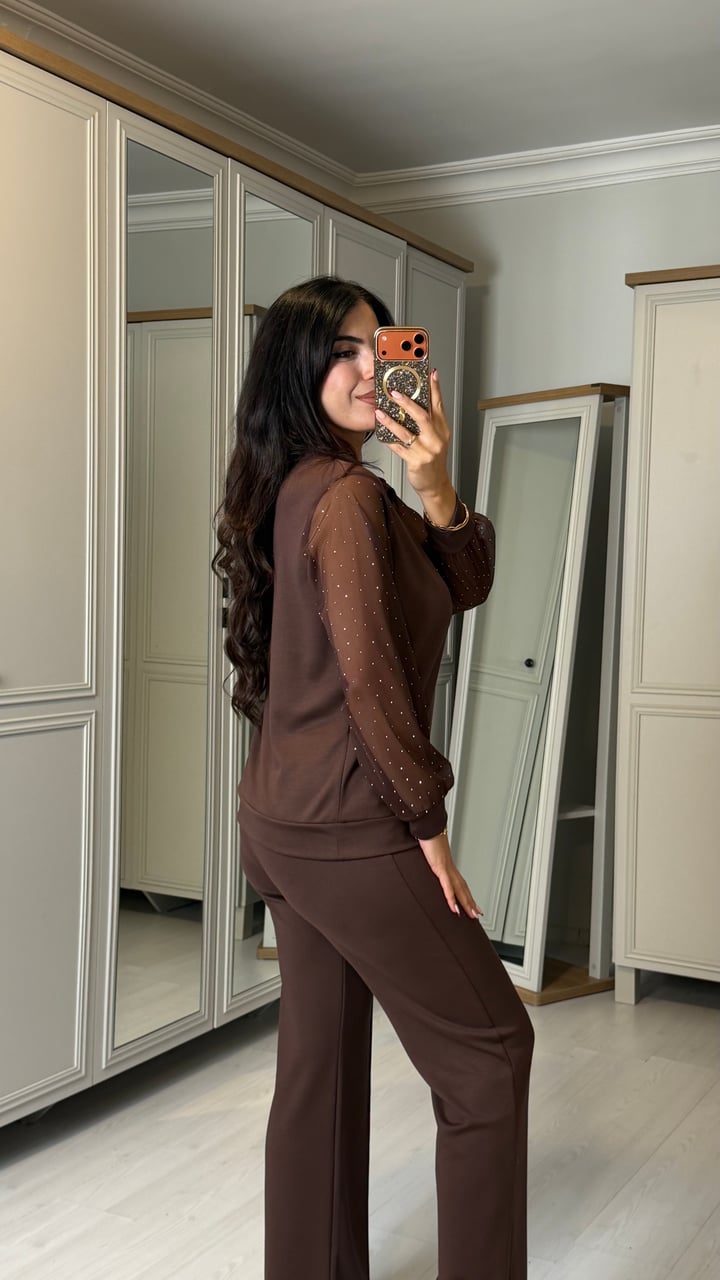 Rayen Kahverengi Kolları Taşlı Tül Detaylı İkili Takım