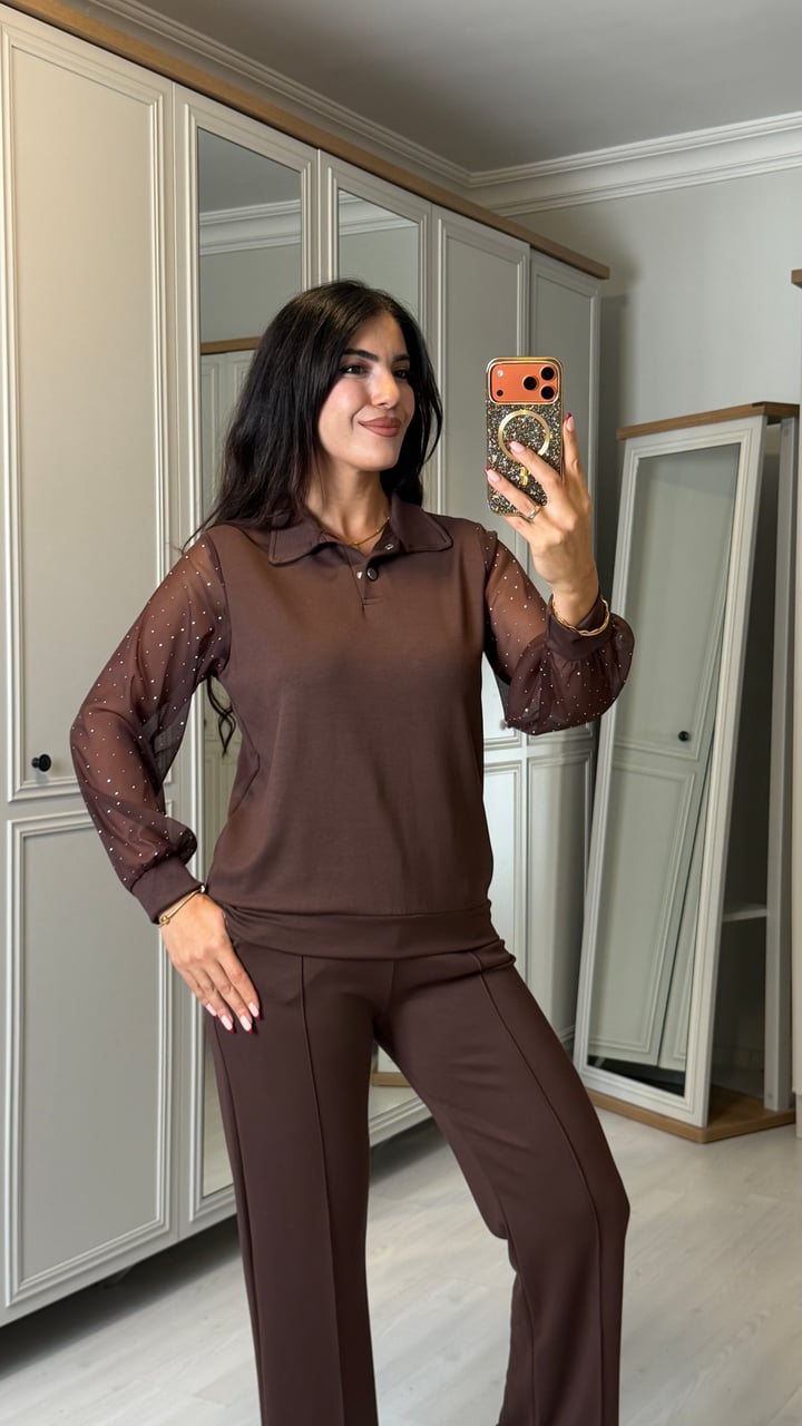 Rayen Kahverengi Kolları Taşlı Tül Detaylı İkili Takım