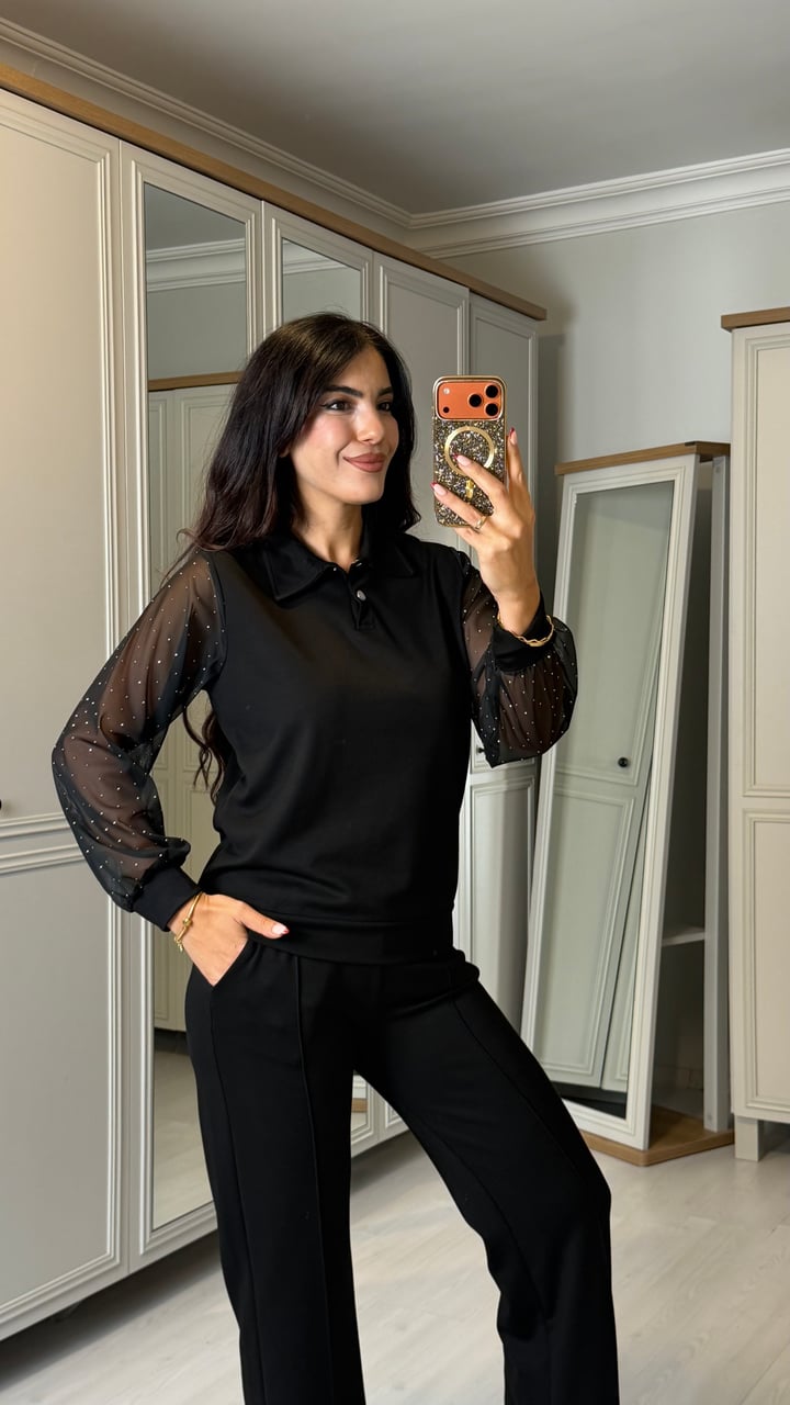 Rayen Siyah Kolları Taşlı Tül Detaylı İkili Takım