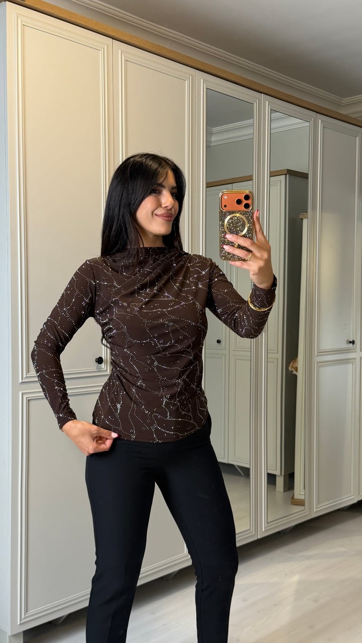 Rela Kahverengi Taşlı Sandy Bluz