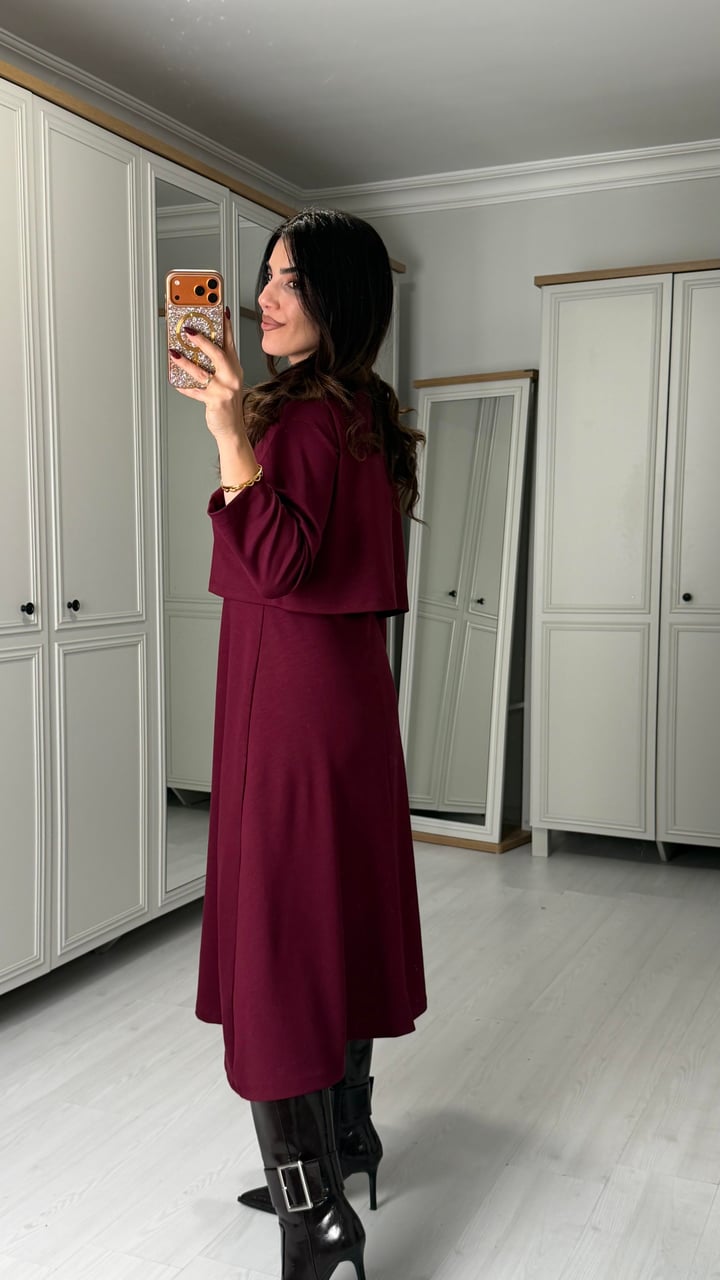 Renna Bordo Bluz Elbise Takım