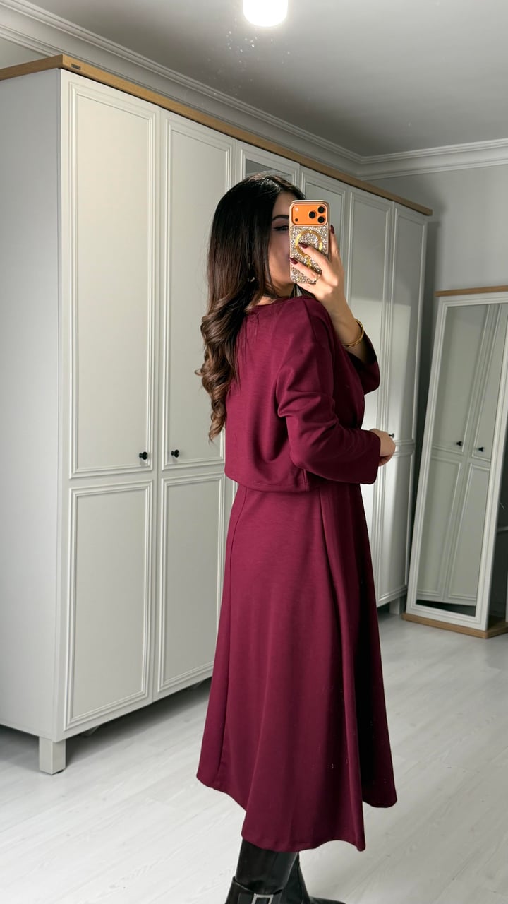 Renna Bordo Bluz Elbise Takım