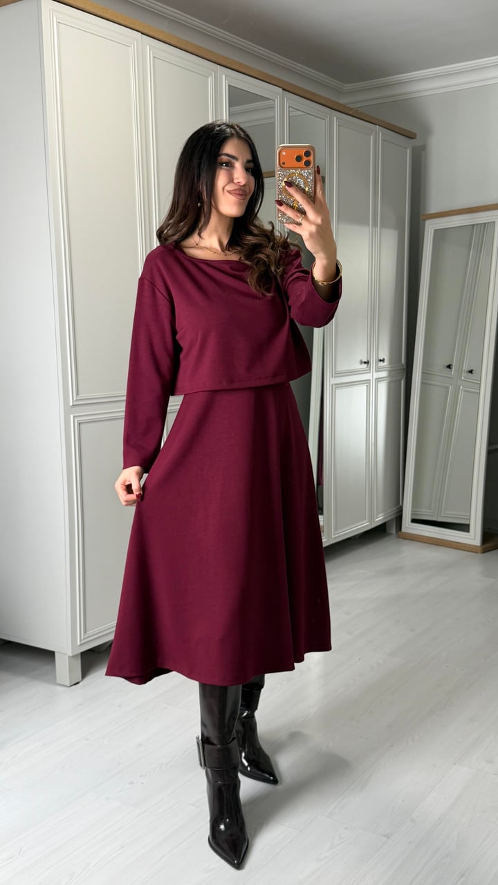 Renna Bordo Bluz Elbise Takım