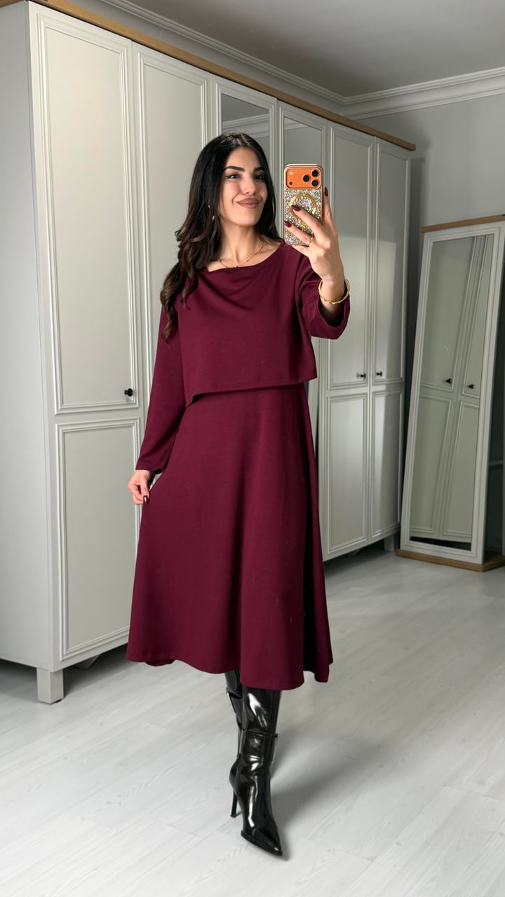 Renna Bordo Bluz Elbise Takım