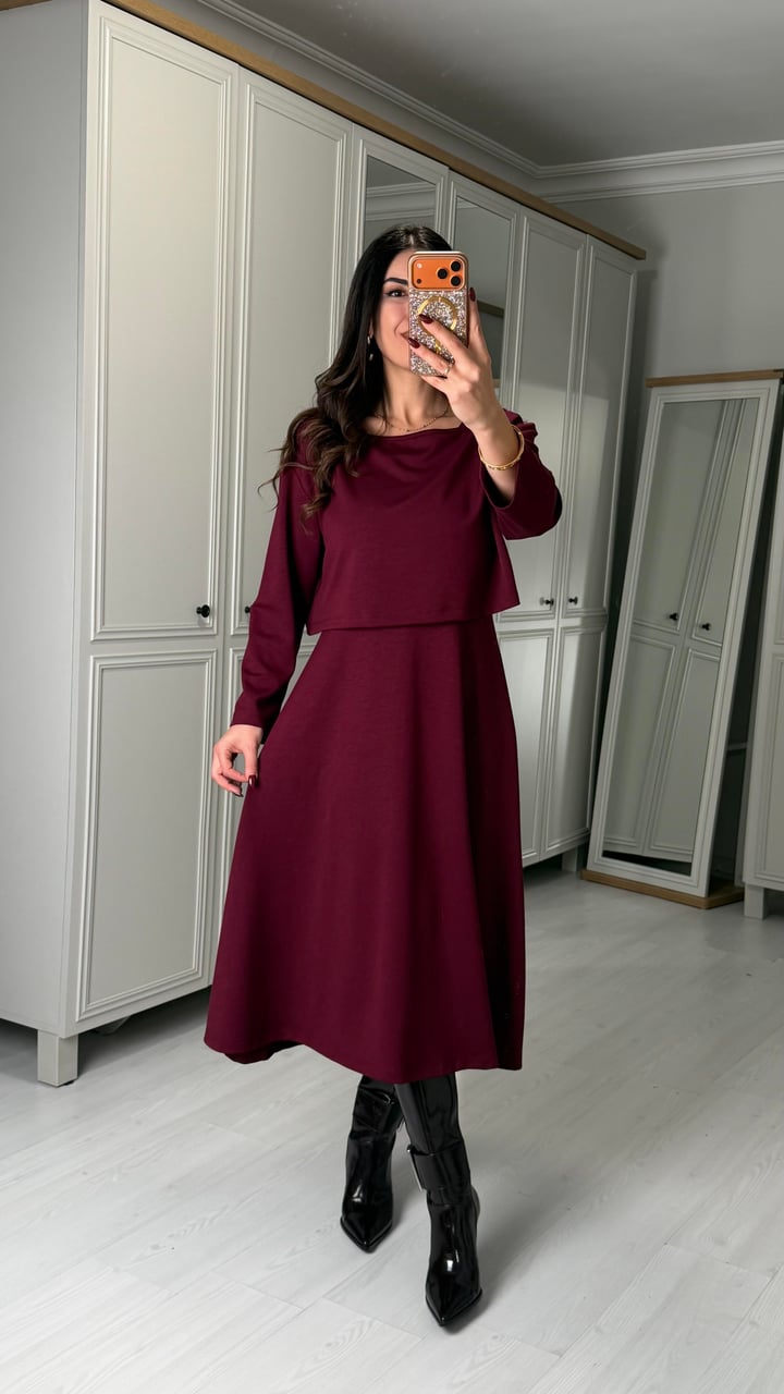 Renna Bordo Bluz Elbise Takım