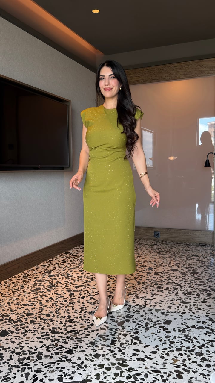 Reny Oliv Yeşil Vatkalı Taşlı Elbise