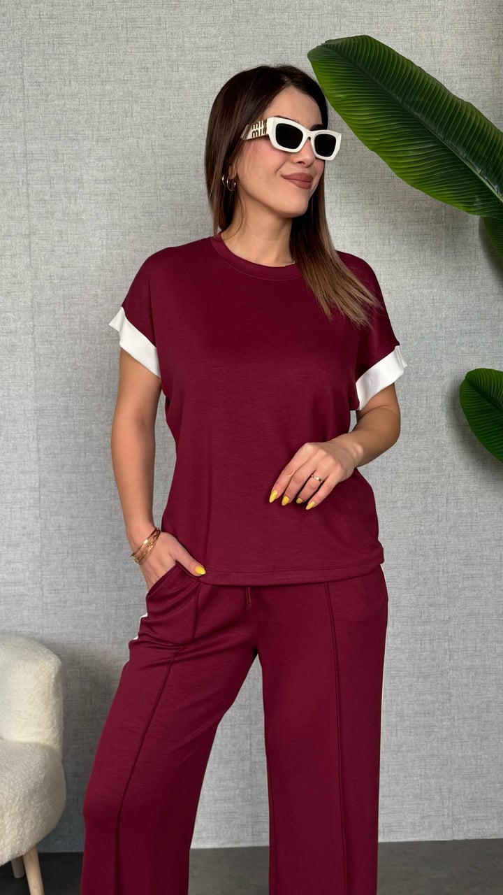 Ress Bordo Şeritli İkili Takım