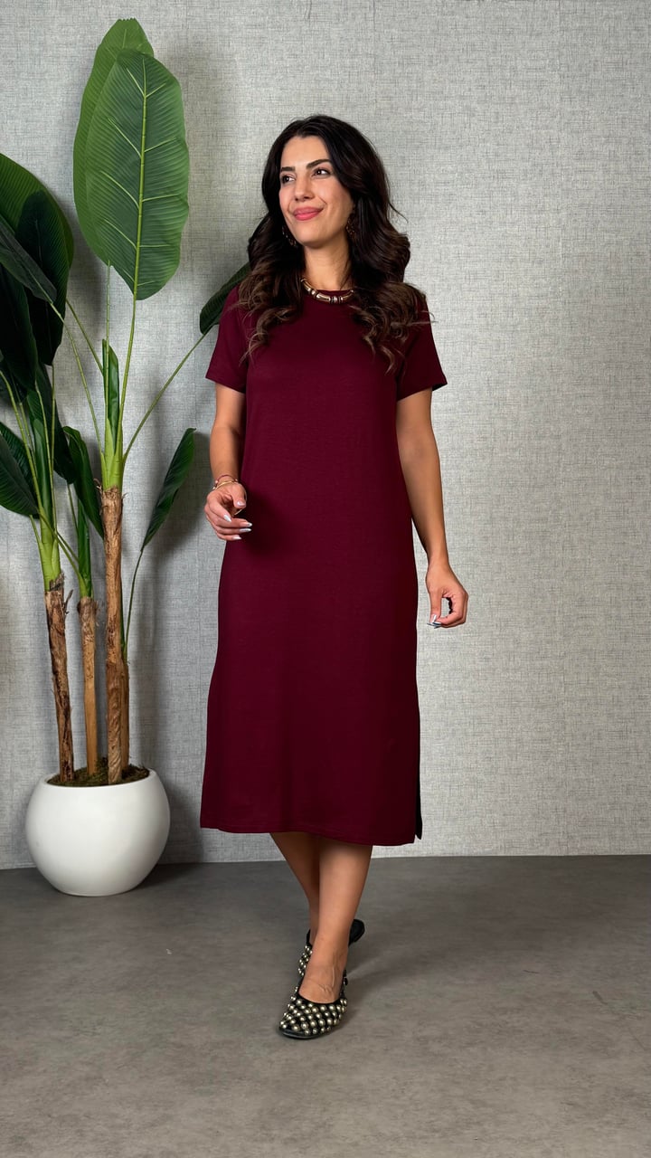 Rexxe Bordo Modal Yırtmaçlı Basic Elbise