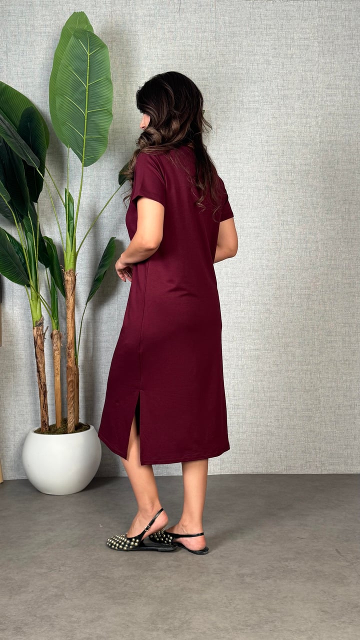 Rexxe Bordo Modal Yırtmaçlı Basic Elbise