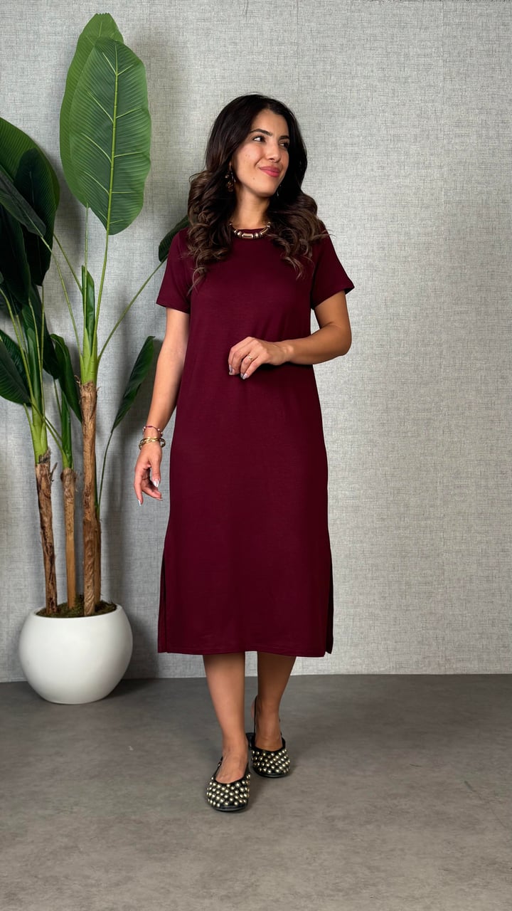 Rexxe Bordo Modal Yırtmaçlı Basic Elbise