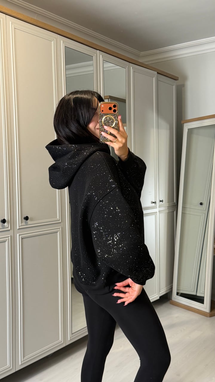 Ridi Siyah Simli Kapüşonlu Sweatshirt
