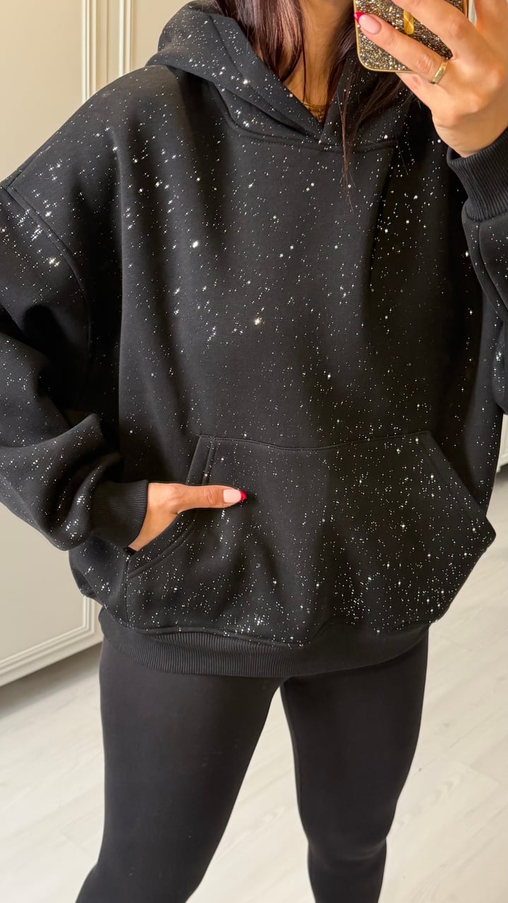 Ridi Siyah Simli Kapüşonlu Sweatshirt