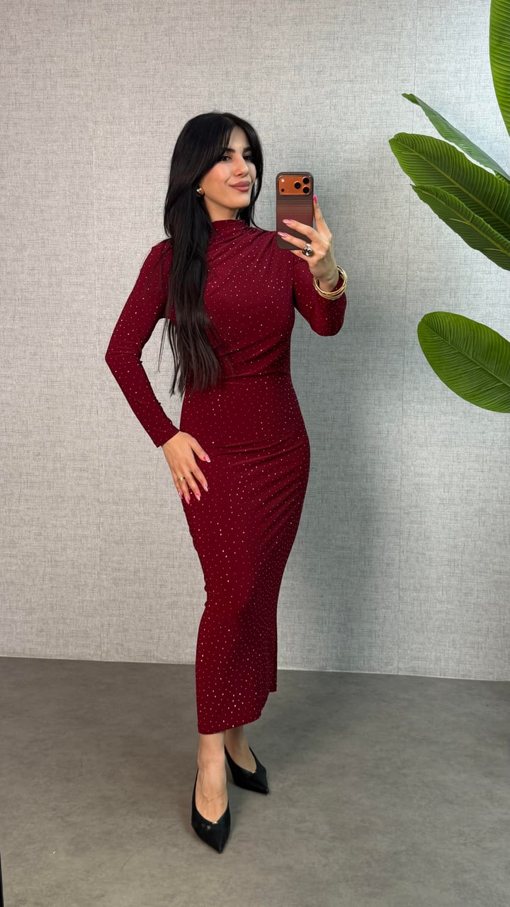 Rima Bordo Taşlı Sandy Elbise