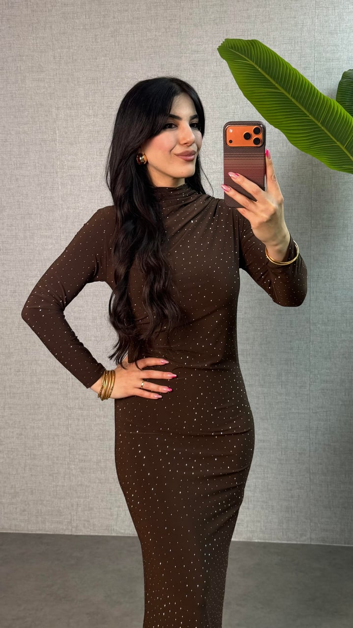 Rima Kahverengi Taşlı Sandy Elbise