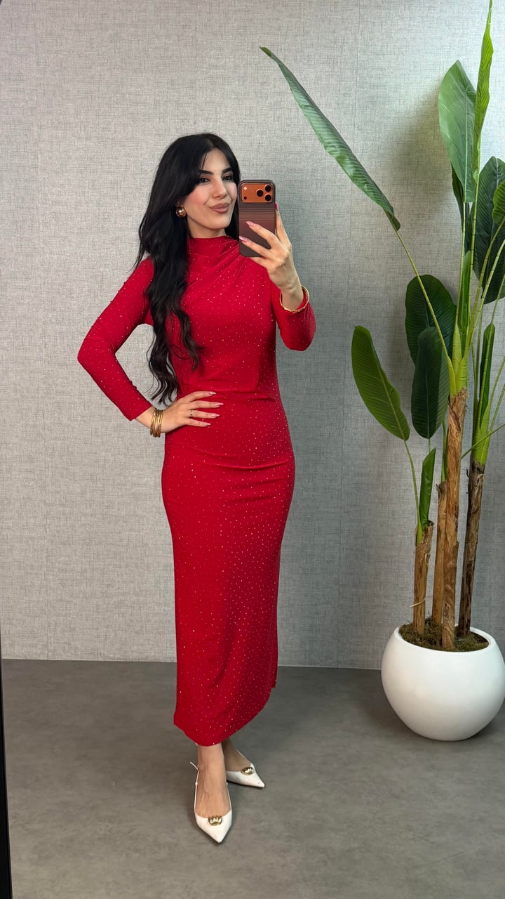 Rima Kırmızı Taşlı Sandy Elbise