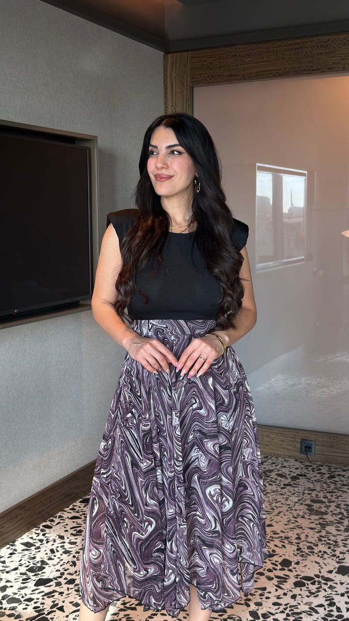 Rion Mor Parçalı Sandy Şifon Elbise