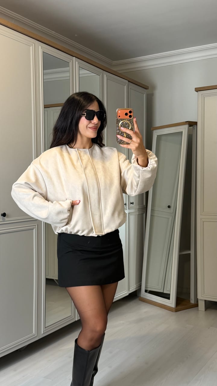 Risa Bej Süet Bomber Ceket