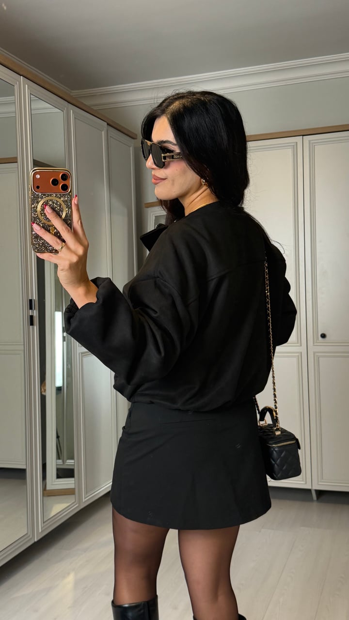 Risa Siyah Süet Bomber Ceket