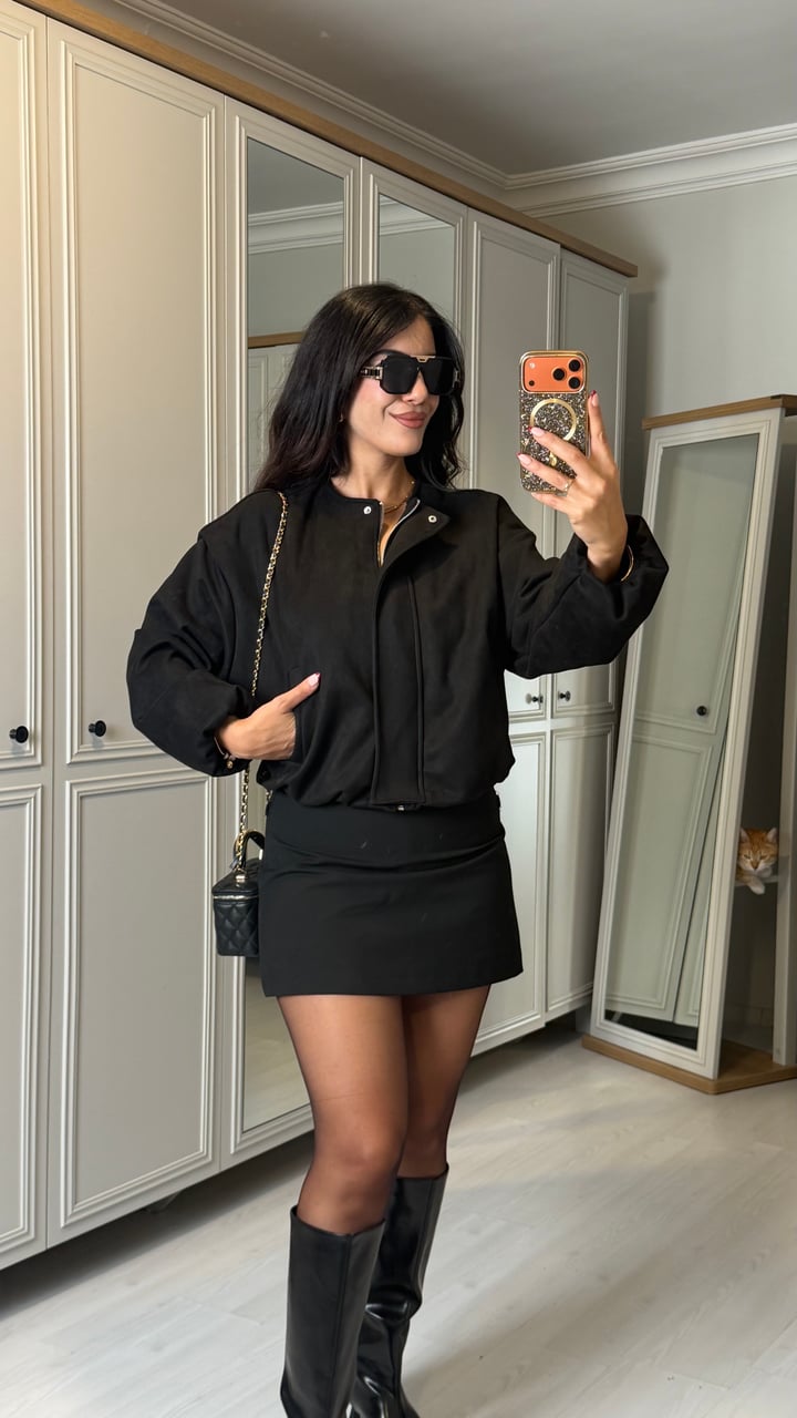 Risa Siyah Süet Bomber Ceket