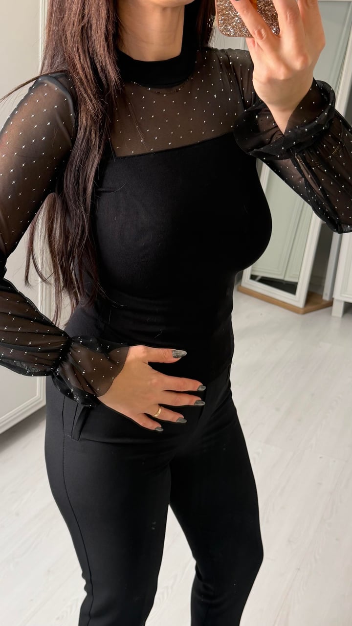 Romy Siyah Taşlı Tül Dik Yaka Bluz