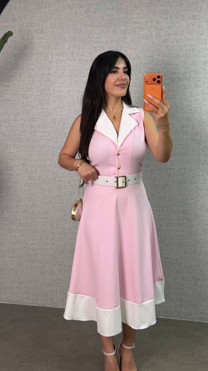 Rona Pembe Garnili Kemerli Elbise