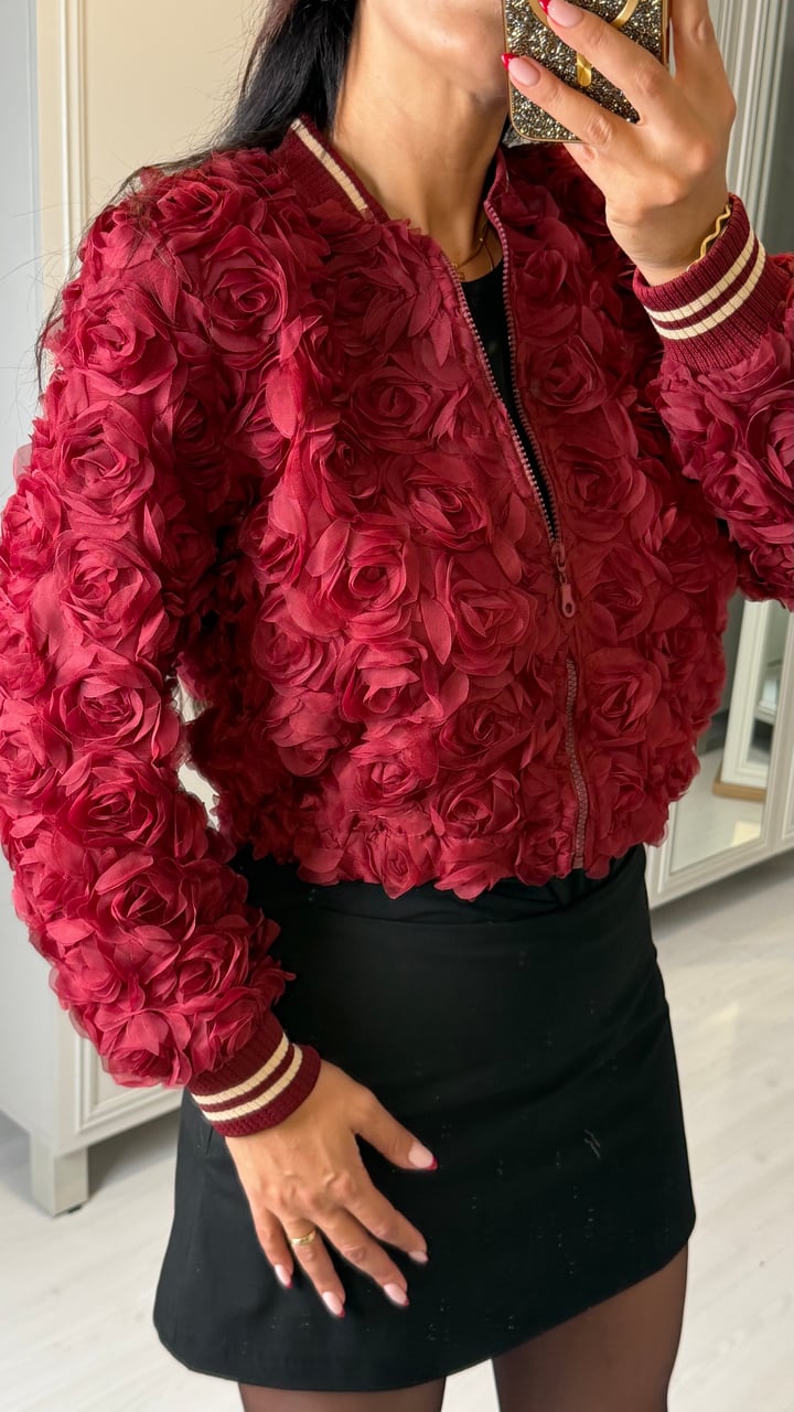 Roos Bordo Tasarım Gül İşlemeli Ceket