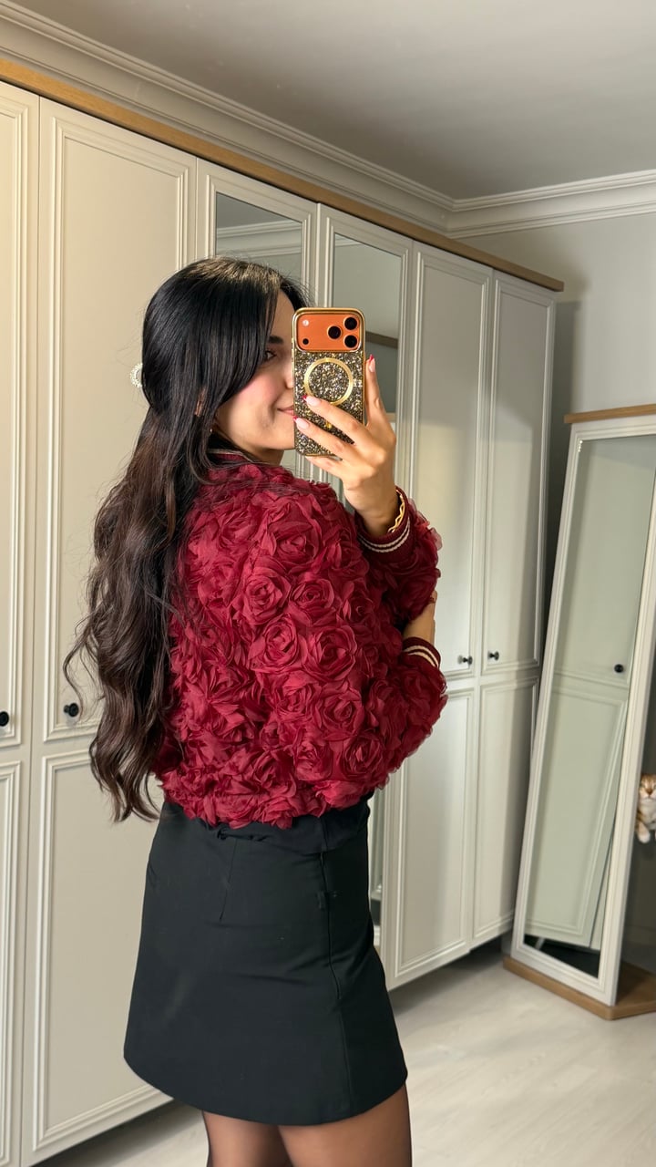 Roos Bordo Tasarım Gül İşlemeli Ceket