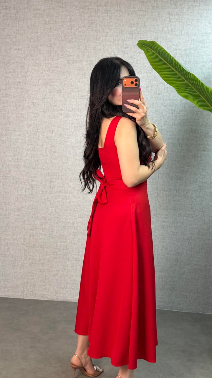 Rosa Kırmızı Bağlamalı Kalın Askılı Midi Elbise