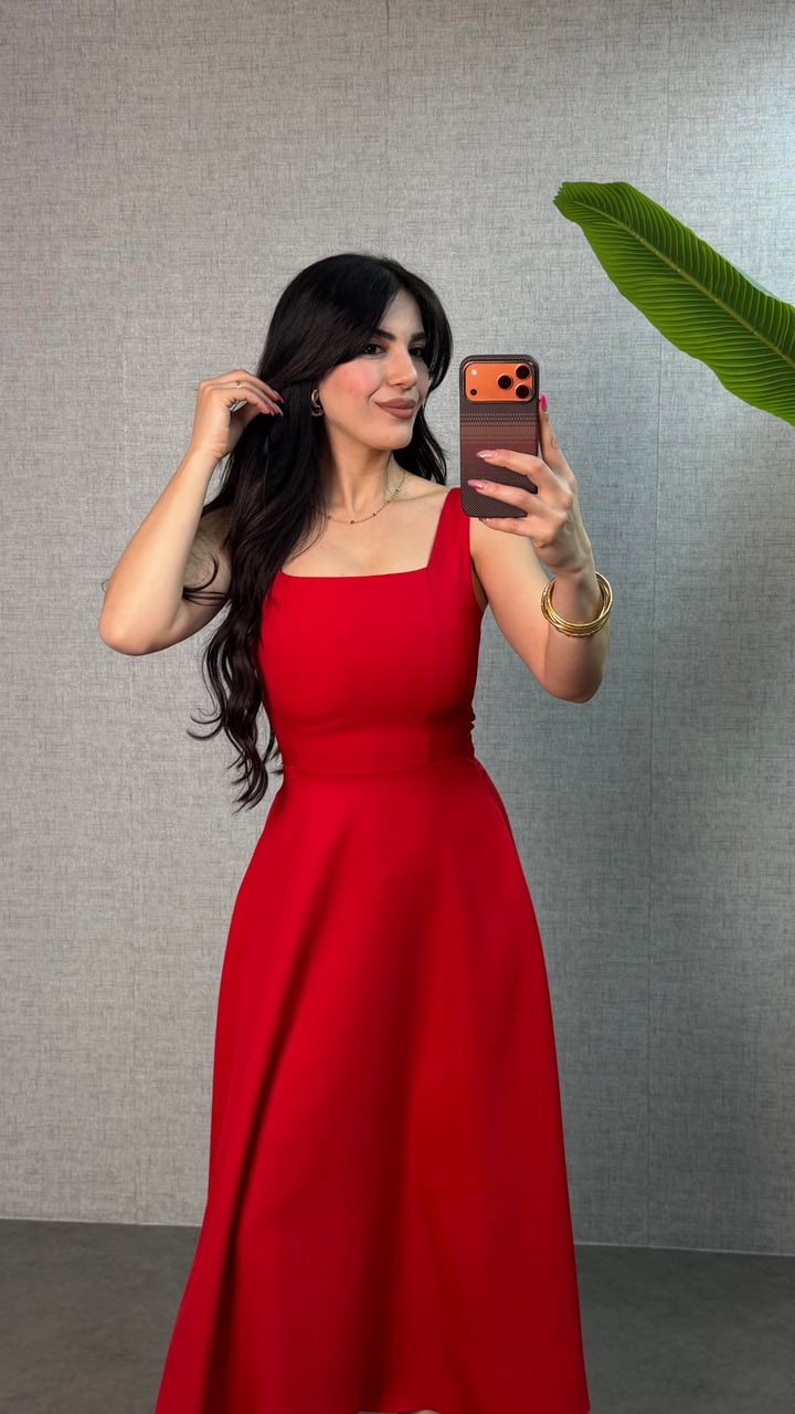Rosa Kırmızı Bağlamalı Kalın Askılı Midi Elbise