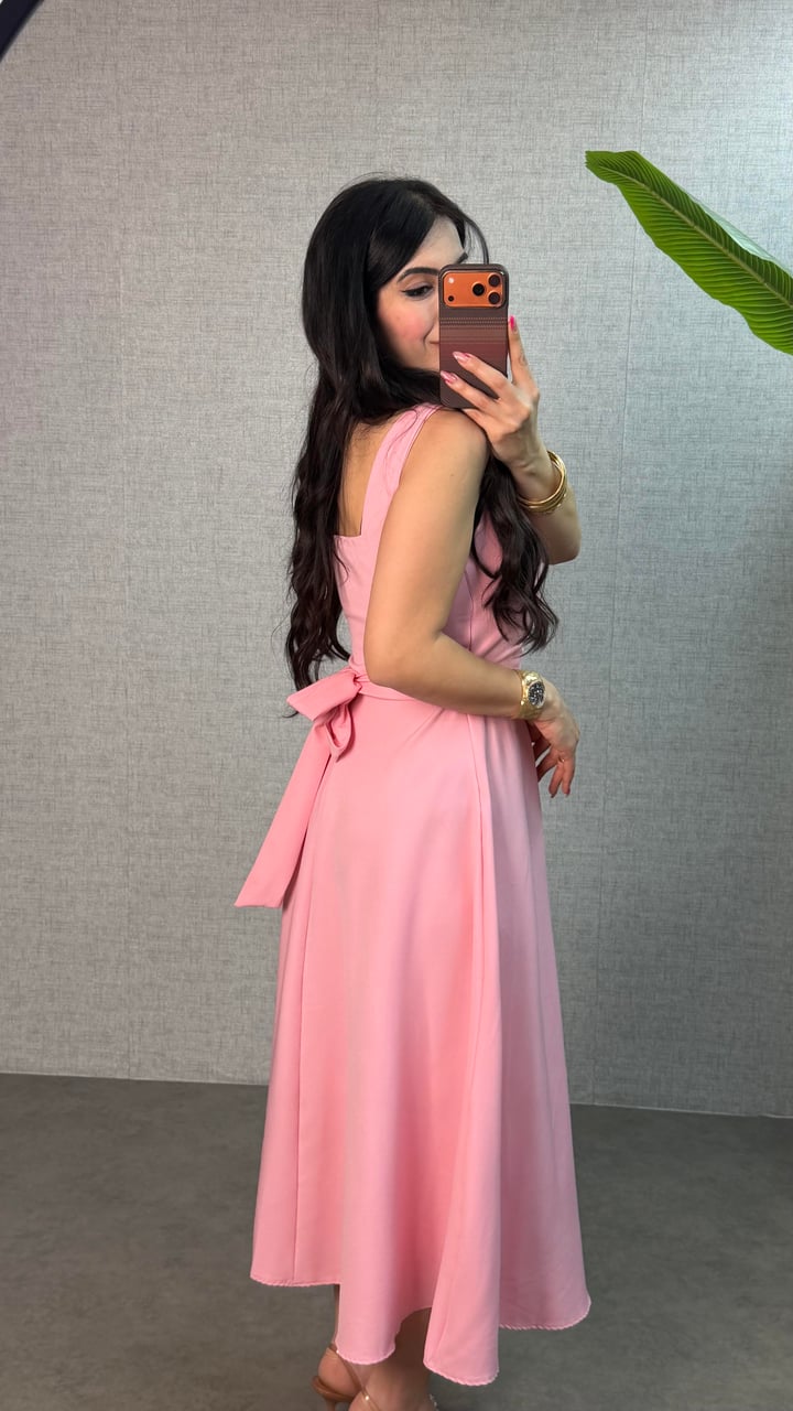 Rosa Pembe Bağlamalı Kalın Askılı Midi Elbise