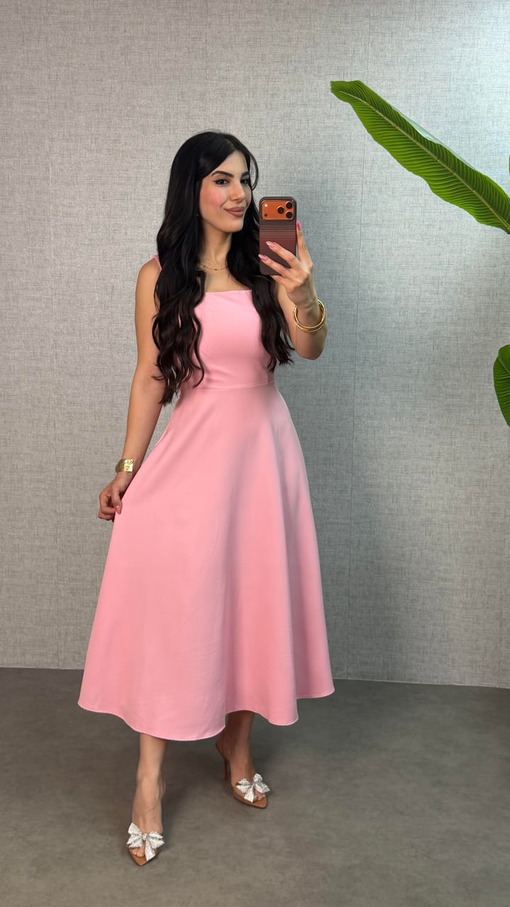 Rosa Pembe Bağlamalı Kalın Askılı Midi Elbise