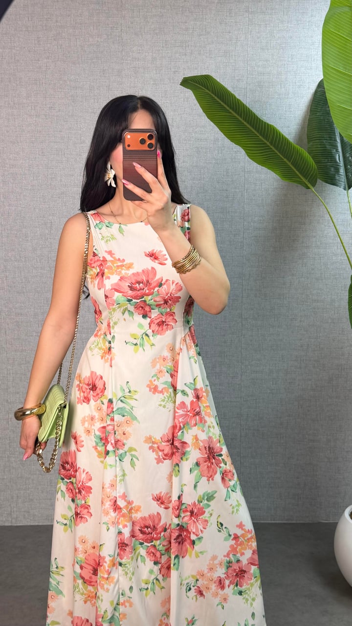 Rose Pembe Çiçek Desenli Poplin Elbise