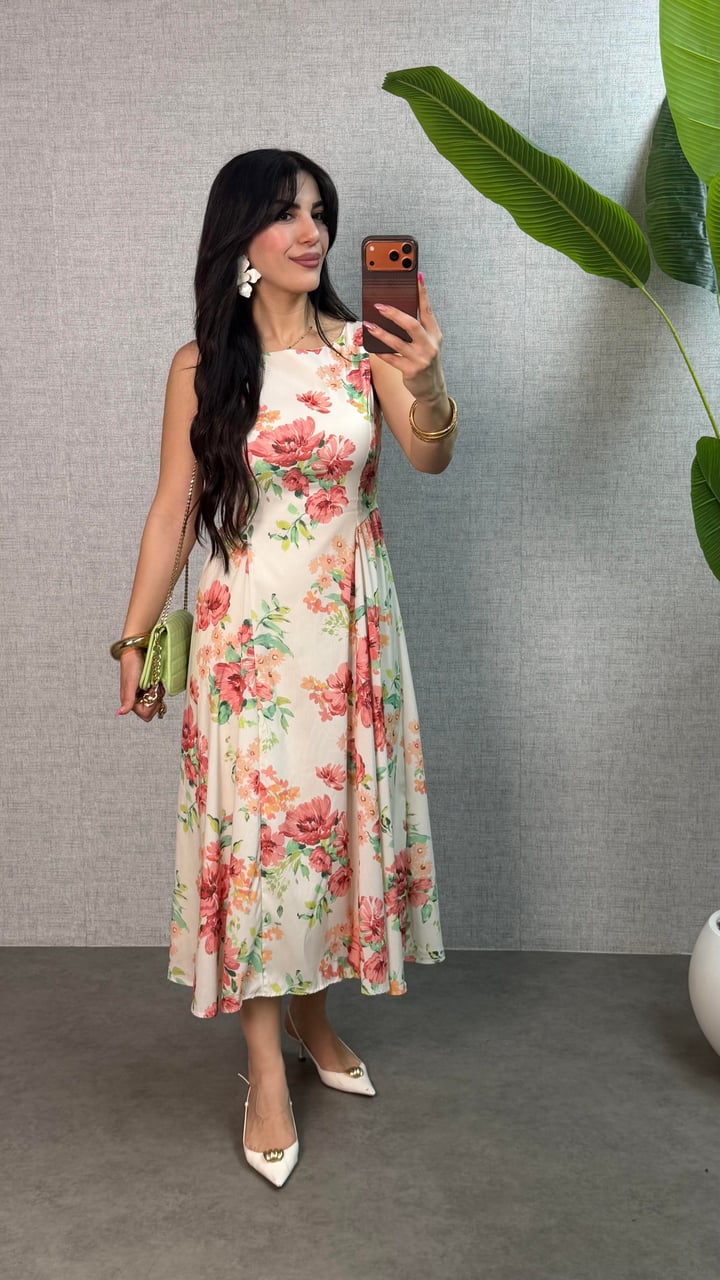 Rose Pembe Çiçek Desenli Poplin Elbise