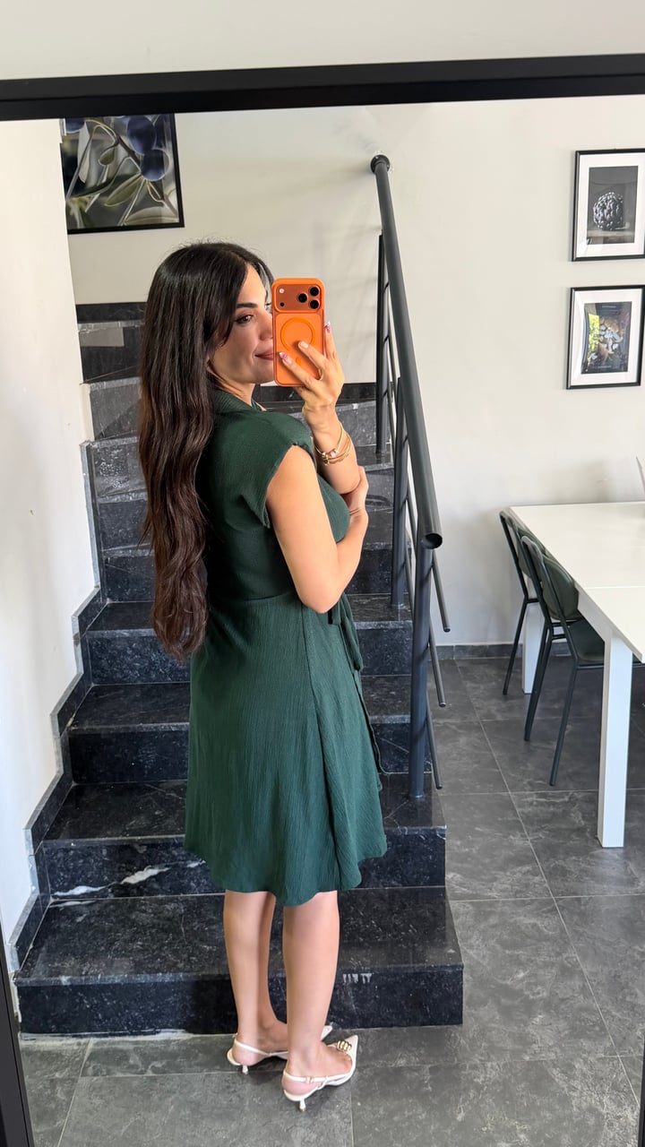 Rova Yeşil Kruvaze Yaka Bağlamalı Bürümcük Elbise